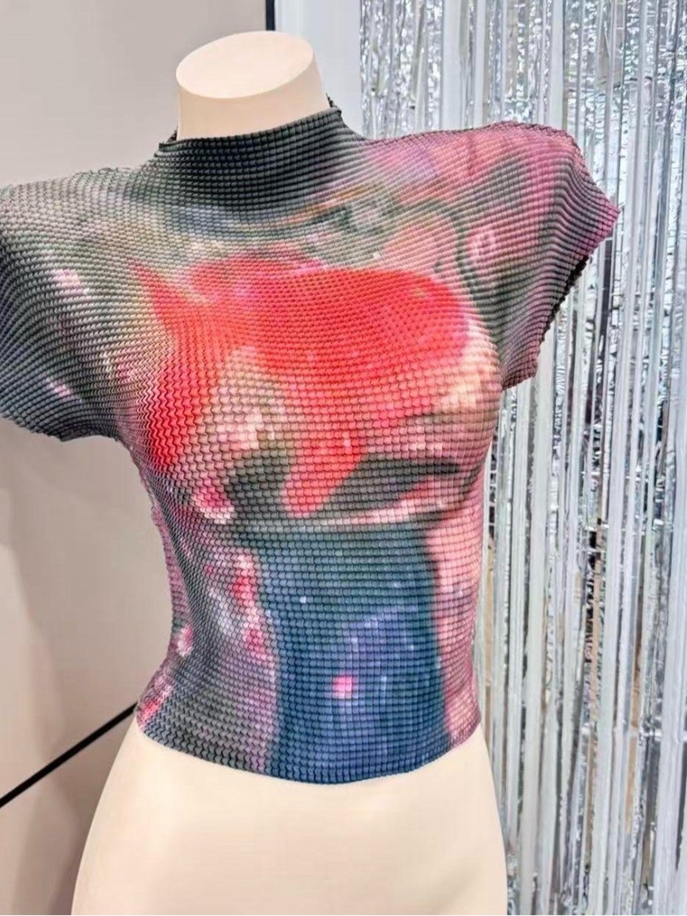 Abstract Print Short Sleeve Mesh Top - Pink Green